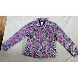 Chico's Womens Size 1  Paisley Jacket Metallic Silver Purple Pink Black Quilted